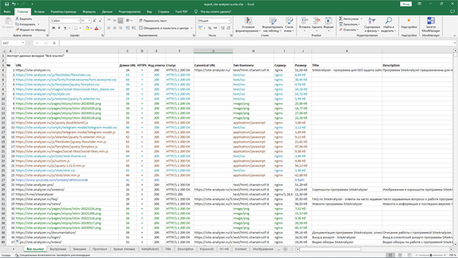 SiteAnalyzer, отчет Excel