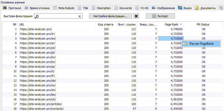 SiteAnalyzer 1.8, PageRank, расчет