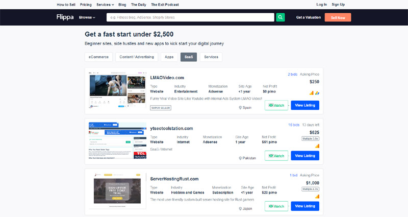 Биржа сайтов Flippa