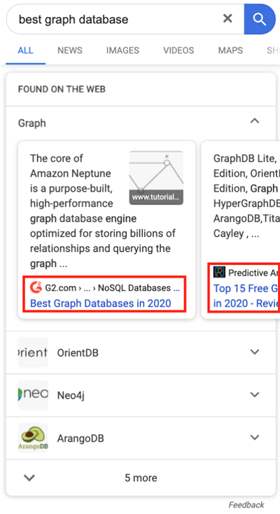 Аккордеоны в мобильных SERP по запросу «best graph database»