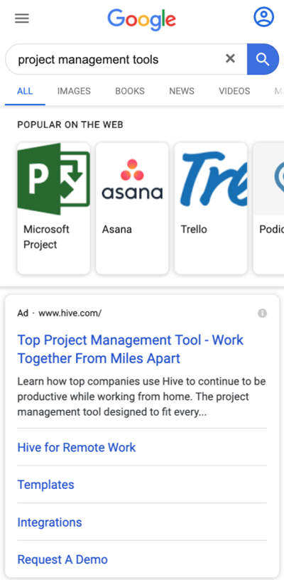 Карусель с ПО по запросу «project management tools» на мобильных устройствах