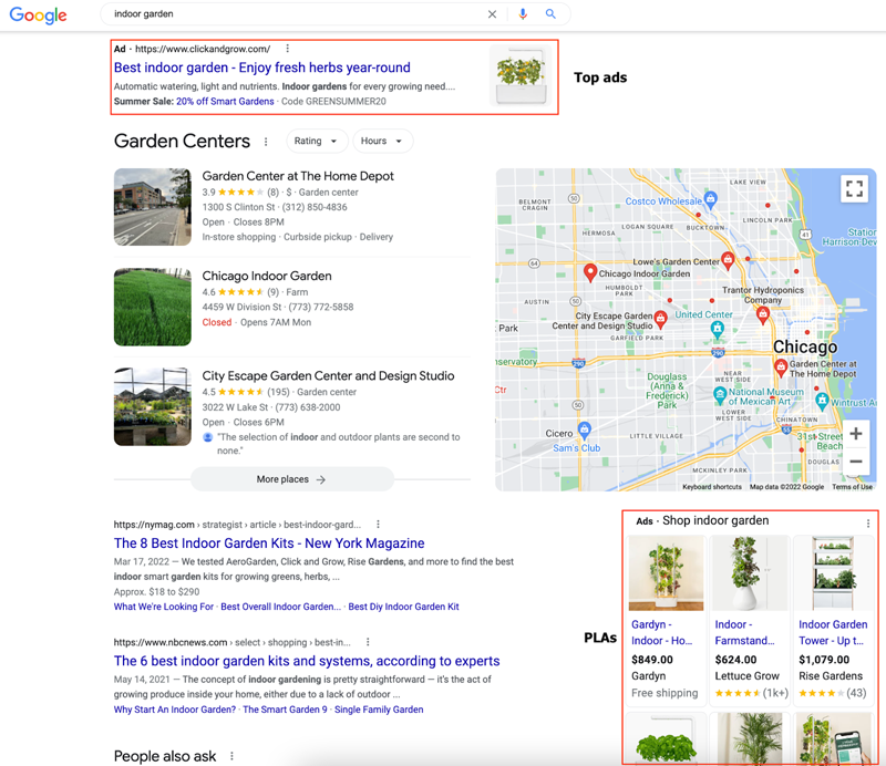 Top ads и товарные объявления на одном и том же SERP (ключевое слово: «indoor garden»)