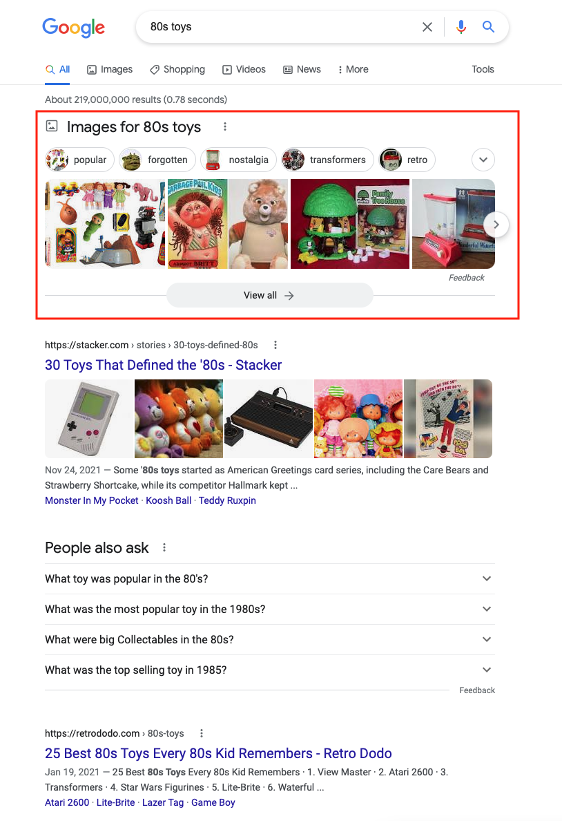 Карусель изображений в верхней части SERP по запросу «игрушки 80-х»