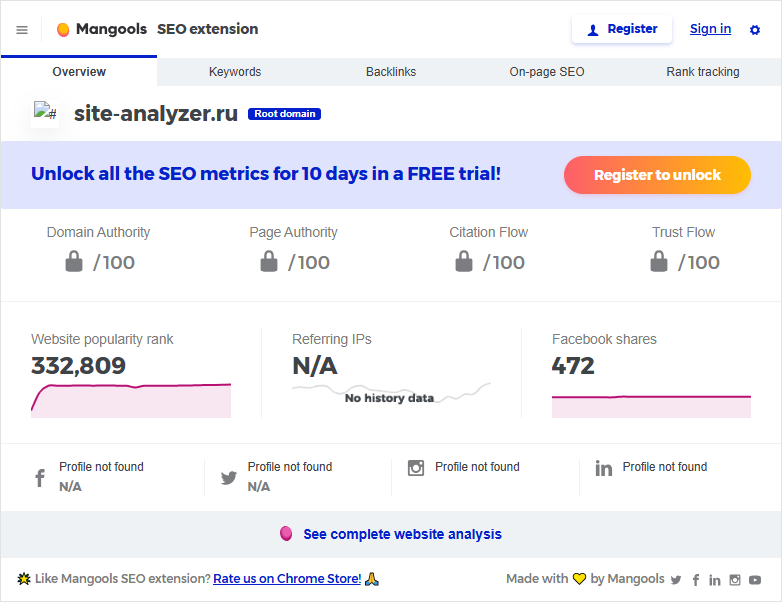 Браузерное расширение для SEO, Mangools SEO Extension