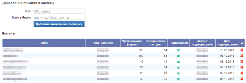 Добавление лимитов Яндекс XML