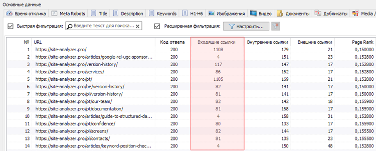 SiteAnalyzer, входящие ссылки на страницу