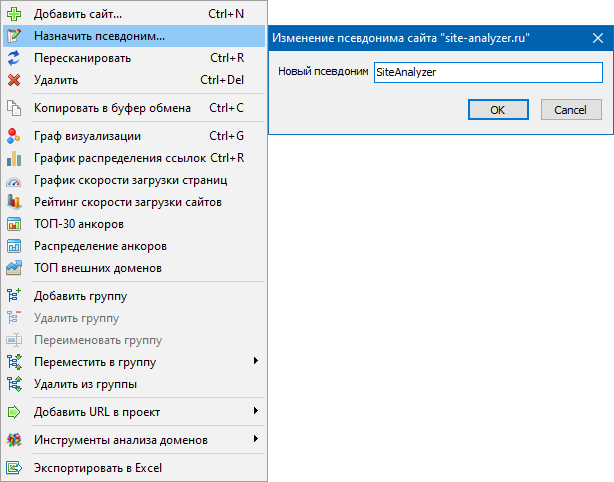 SiteAnalyzer, Изменение псевдонима проектов